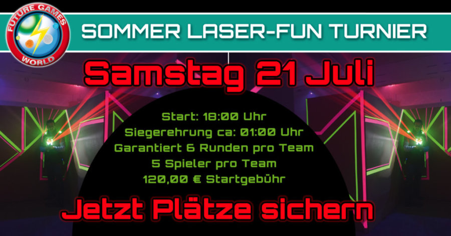 Hallo liebe Freunde des Lasertag Sports,
wir veranstalten wieder ein Sommer Laser Fun Turnier in der Future Games World. Dazu wollen wir alle Teams, Gruppen und Mannschaften einladen die gerne Lasertag spielen. Das Turnier ist als Fun Turnier gerichtet an alle Spieler die Freude am Lasertag haben. Unsere Arena wird kurz vor dem Turnier komplett umgebaut 🙂 Freut euch auf ein paar neue Features in unserem 800m² großen Spielfeld. Wir garantieren euch 6 Runden Lasertag á 10 Minuten für jedes Team zusätzliche Finalrunden. Am Ende des Turnieres werden wir nochmal die besten Spieler aller Teams in der Arena begrüßen um einen Best Player zu ermitteln. Nähere Informationen, Anmeldeunterlagen bekommt Ihr direkt vor Ort in der Future Games World in Manching oder per Email an info@Future-Games-World.de Stichwort: Sommer Laser Fun Turnier
Vielen Dank hier schon mal an Radio ILMWELLE und PNEINSMEDIA die uns mit Ihren Kameras live bei diesem Turnier begleiten werden!
Das Mindestalter für die Teilnehmer ist 14 Jahre!
Wir freuen uns schon auf euch und ein schönes Event
Christian