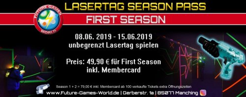 Pfingstferien Lasertag Flatrate Lasertag Season Pass: First Season
Unser Pfingstferien Special nicht nur für Schüler!
First Season ist die erste Ferienwoche vom 8.6 - 15.6.2019
Ihr könnt mit eurem Season Pass an jedem Öffnungstag bei uns ungebrenzt Lasertag spielen bis euch die Finger glühen vom Phasern.
Kosten: 49,90 € für die First Season inkl. Membercard
Wenn du gleich 2 Wochen Lasertaggen möchtest dann spare kräftig mit dem First Second Season Pass zum Vorzugspreis von 79,00 € inkl. Membercard
Mindestalter: 12 Jahre
Extra Bonus:
Bei mehr als 100 verkauften Season Passes schaffen wir extra Öffnungszeiten für noch mehr Lasertag Action
#welovelasertag #seasonpass #lasertag #pfingstferien #futuregamesworld #action #manching #pfaffenhofen #ingolstadt #bestsportever #fun #gaudi #flatrate #season #ticket #unlimited #laserforce #funarea #ab12 #teamsport #team #mannschaft #aufgehts #los #start #azubi #schüler #studenten