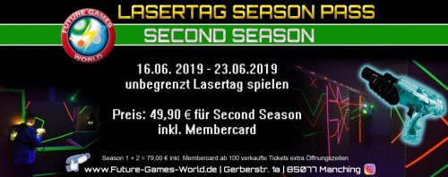 Pfingstferien Lasertag Flatrate Lasertag Season Pass: Second Season
Unser Pfingstferien Special nicht nur für Schüler!
Second Season ist die zweite Ferienwoche vom 16.6 - 23.6.2019
Ihr könnt mit eurem Season Pass an jedem Öffnungstag bei uns ungebrenzt Lasertag spielen bis euch die Finger glühen vom Phasern.
Kosten: 49,90 € für die Second Season inkl. Membercard
Wenn du gleich 2 Wochen Lasertaggen möchtest dann spare kräftig mit dem First Second Season Pass zum Vorzugspreis von 79,00 € inkl. Membercard
Mindestalter: 12 Jahre
Extra Bonus:
Bei mehr als 100 verkauften Season Passes schaffen wir extra Öffnungszeiten für noch mehr Lasertag Action
#welovelasertag #seasonpass #lasertag #pfingstferien #futuregamesworld #action #manching #pfaffenhofen #ingolstadt #bestsportever #fun #gaudi #flatrate #season #ticket #unlimited #laserforce #funarea #ab12 #teamsport #team #mannschaft #aufgehts #los #start #azubi #schüler #studenten